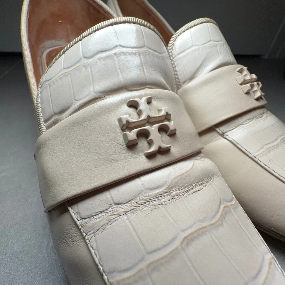 Tory Burch Everly Loafers 8M Cream Leather Block Heel Croc Double T Professional